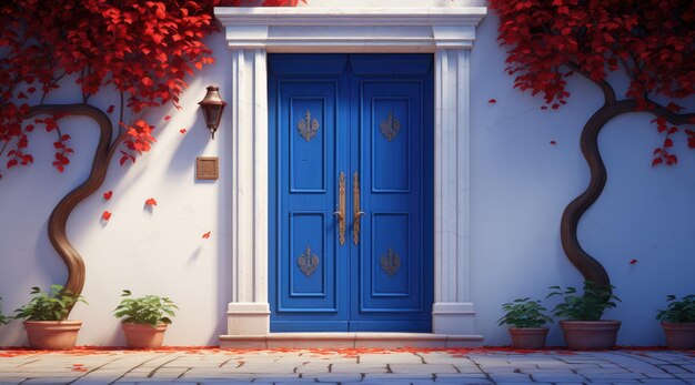 House door architecture entrance home front tree flowers old building residential doorway outdoor exterior brick facade