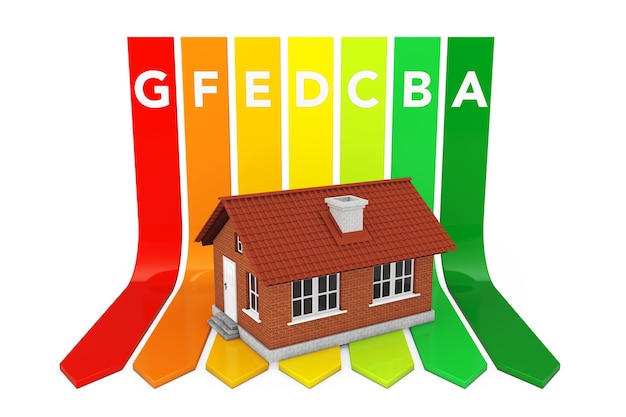 House over Energy Efficiency Rating Chart on a white background. 3d Rendering.