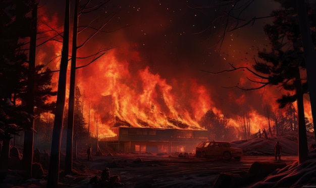 The house engulfed in flames amidst a forest fire designe