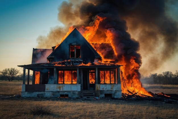 Photo house engulfed in flames