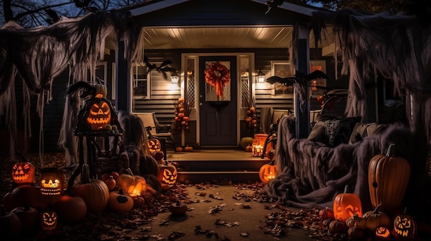 Foto l'ingresso della casa è splendidamente decorato per halloween generato da ia