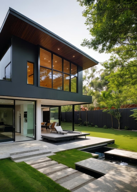 house exterior that seamlessly integrates sustainable features and modern technology