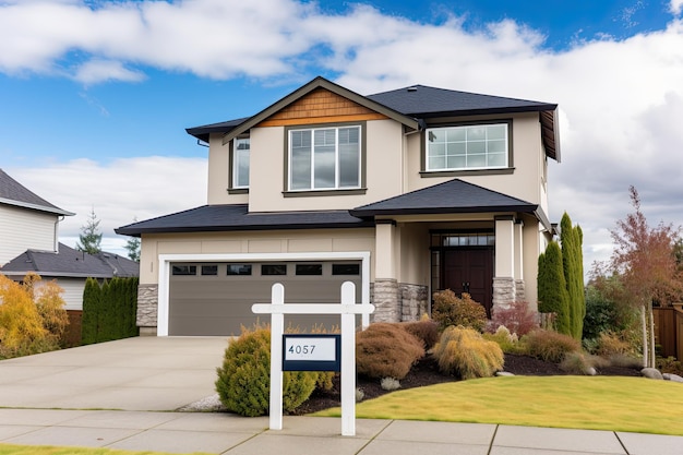 House exterior with entrance sign and blue sky background Northwest USA Real estate home for sale sign hanging in front of the house AI Generated