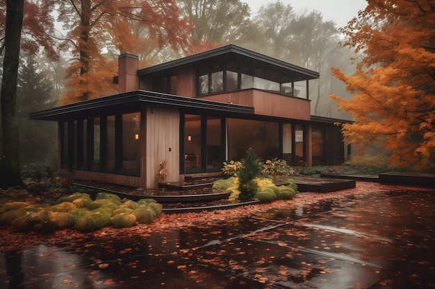 A house in the fall with a driveway and a tree in the foreground.