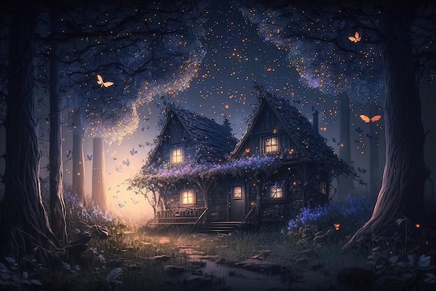 Дом в фантастическом лесу в ночном пейзаже сказочной хижины и генеративного искусственного интеллекта волшебного света