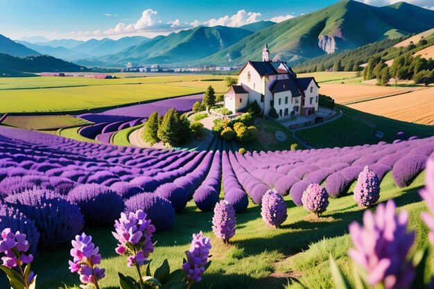 Photo a house in a field of lavender with mountains in the background