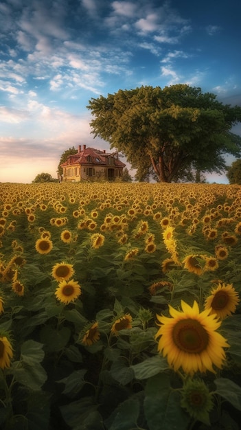 A house in a field of sunflowers is shown.