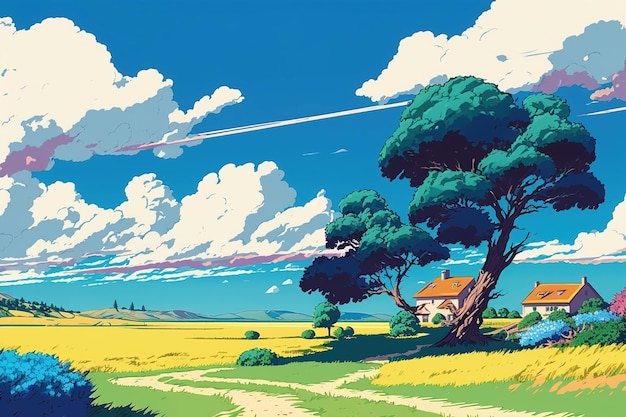 A house in a field of trees and a blue sky