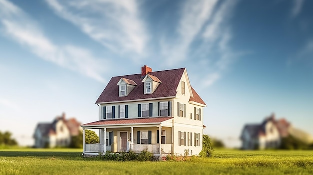 A house in a field with a blue sky in the background