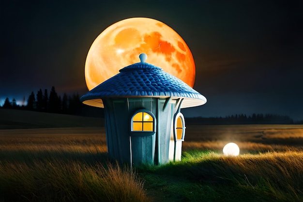 A house in a field with a full moon behind it