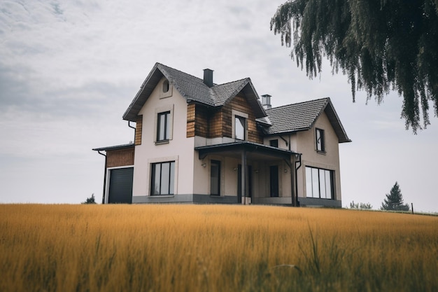 A house in a field with a large window that says'home'on it