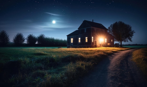 A house in a field with a moon in the background