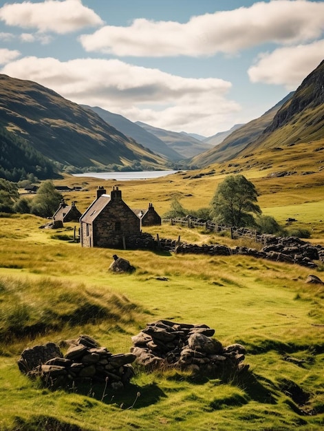 a house in a field with a mountain in the background