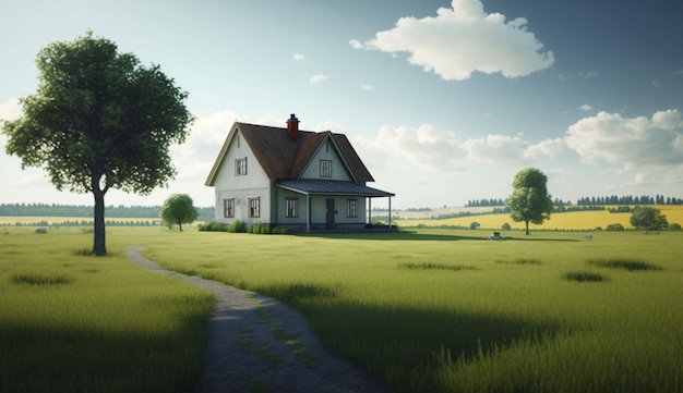 A house in a field with a path leading to it