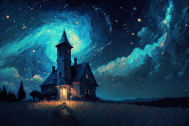 A house in a field with a starry sky