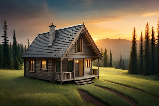 A house in a field with a sunset in the background