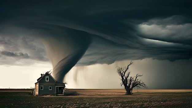 A house in a field with a tornado on the left side