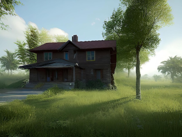 A house in a field with trees and a sky in the background