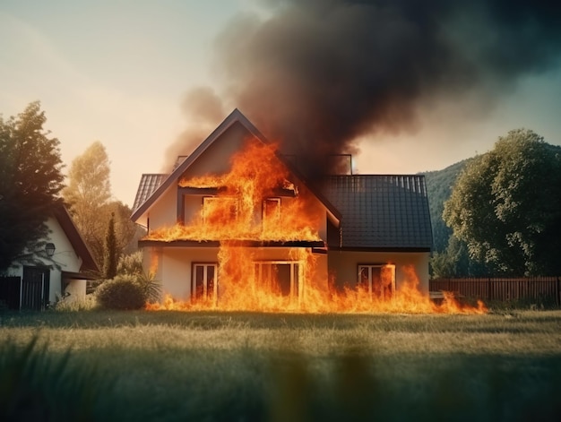 Photo house or fire and burning down home insurance concept generative ai