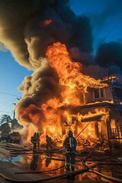 A house on fire with firemen in front of it A burning house in flames during the day