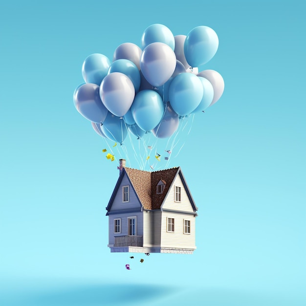 house floating on cloud with blue sky background