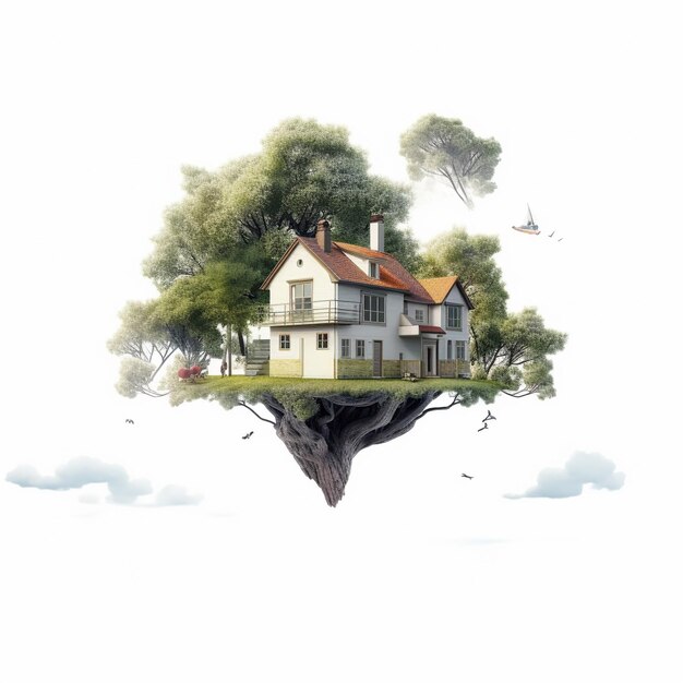 House floating on cloud with blue sky background