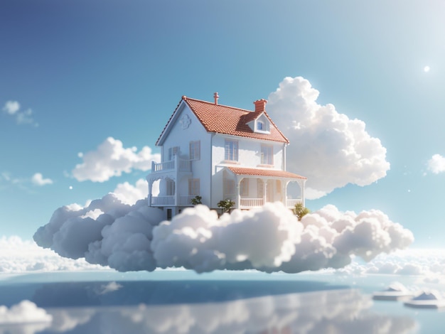 Photo house floating on cloud with blue sky background