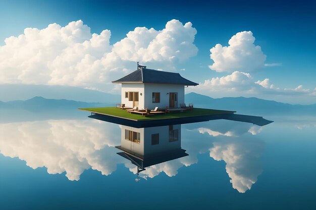 Foto casa sul cielo galleggiante e luogo tranquillo