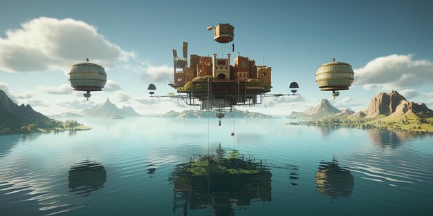 a house floating in the water with a floating house on top of it