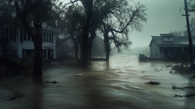 A house in a flooded area with a tree in the foreground.