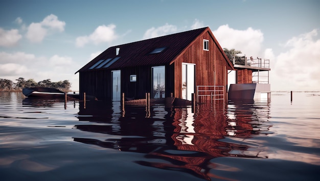 Photo a house on a flooded river with a blue sky in the background.