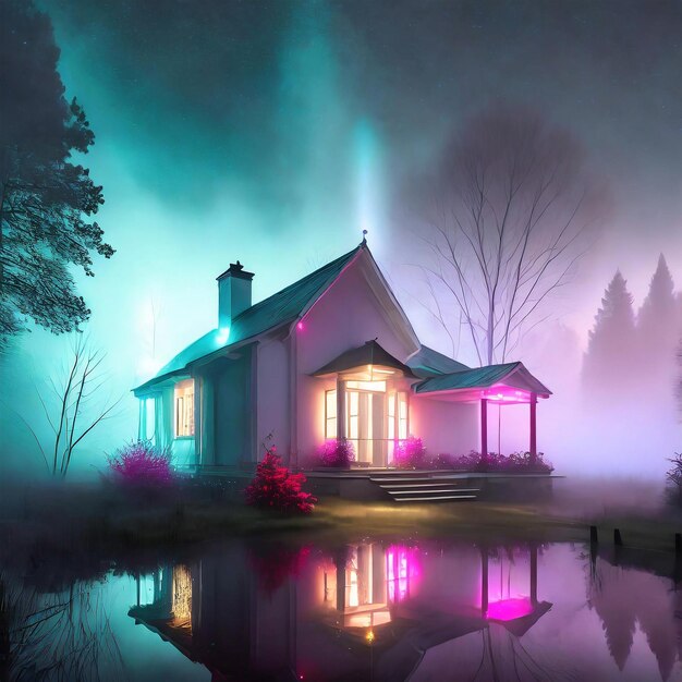 Photo house fog photo a multicolored light show