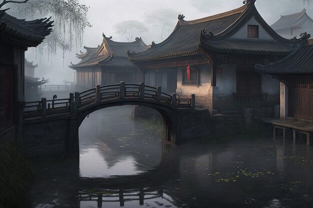 A house in the fog with a bridge over the water