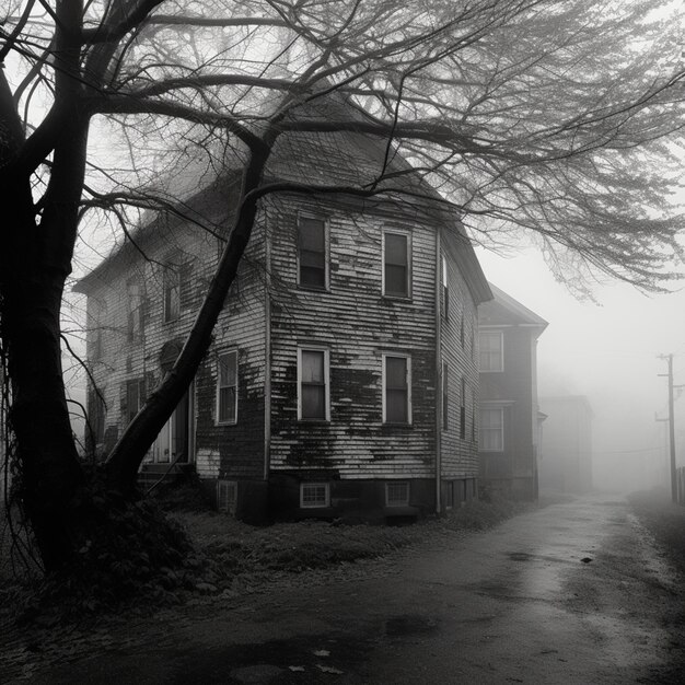 Foto una casa in una strada nebbiosa con la scritta 