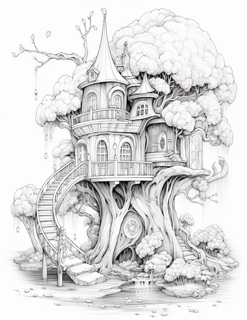 Photo house in the forest black and white illustration for coloring book