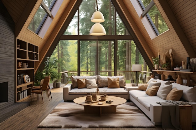 дом в лесу Дизайн интерьера современной гостиной сгенерирован ai