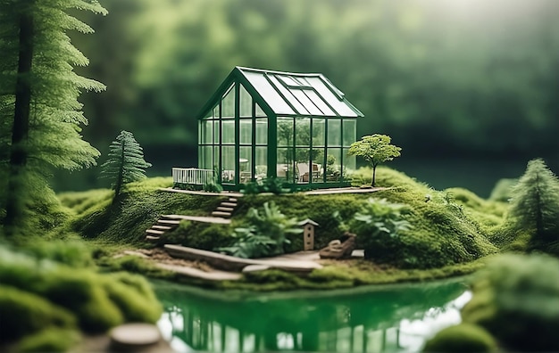 House in the forest on a lake on a green natural forest background Family symbol mortgage real estate concept Ecofriendly house copy space This photo was generated using Playground AI