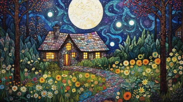 house in the forest at night with a full moon