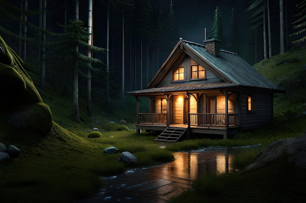 밤에 숲속의 집