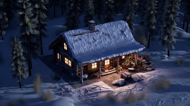 A house in the forest in winter aerial view