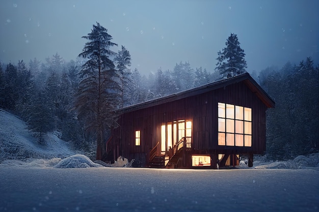 House in the forest in winter Wooden house under the snow winter landscape 3D illustration