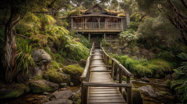 A house in a forest with a bridge over the water