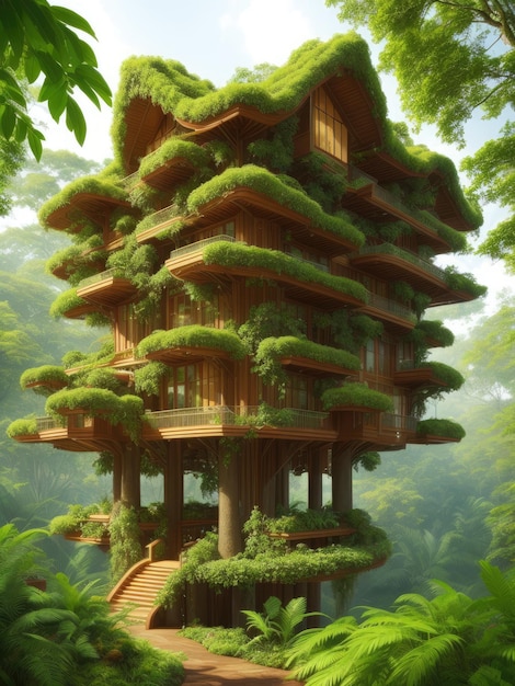 A house in the forest with green plants on the roof