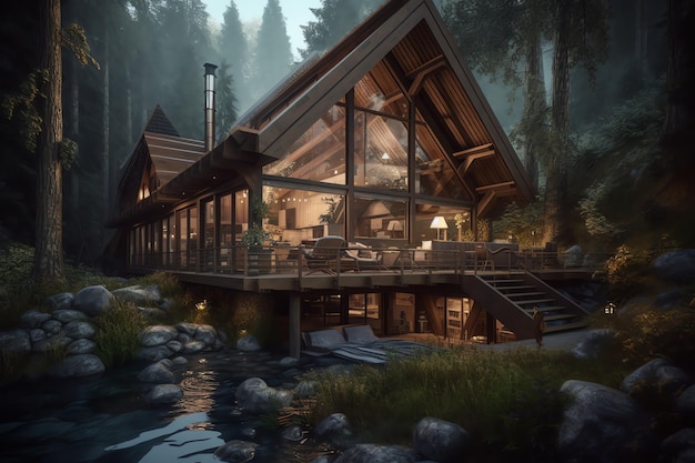 A house in the forest with a lake in the background