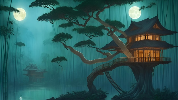 A house in a forest with a moon in the background