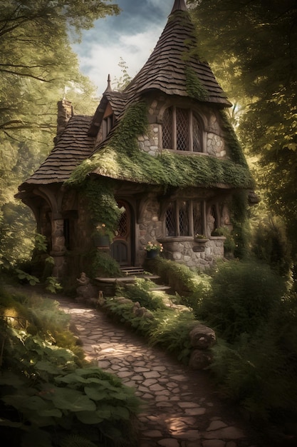 A house in the forest with moss on the roof