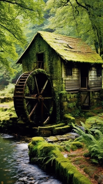 Дом в лесу с мхом на стенах и водяным колесом.