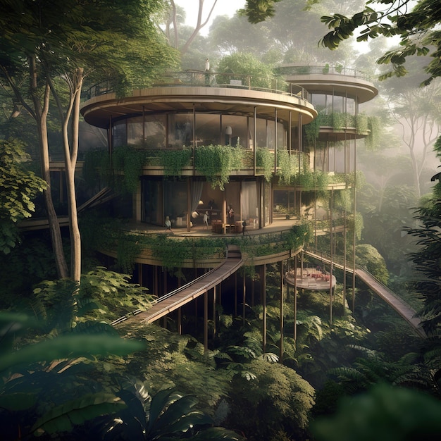 A house in the forest with plants on the roof