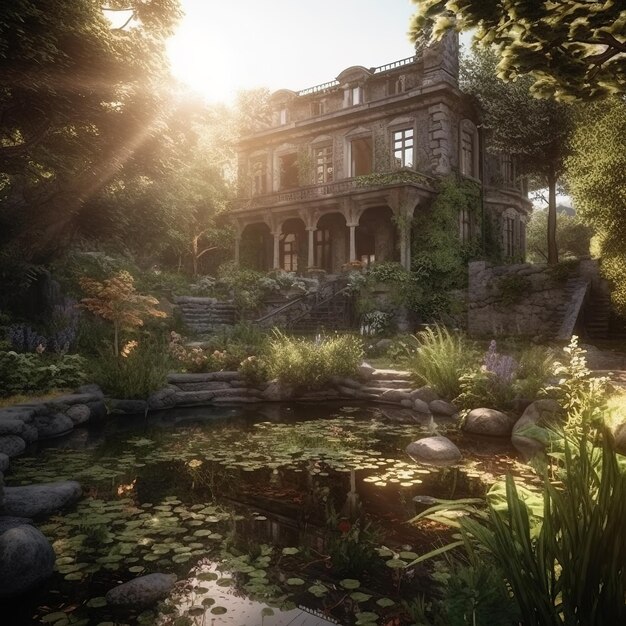 A house in the forest with a pond and the sun shining on it.