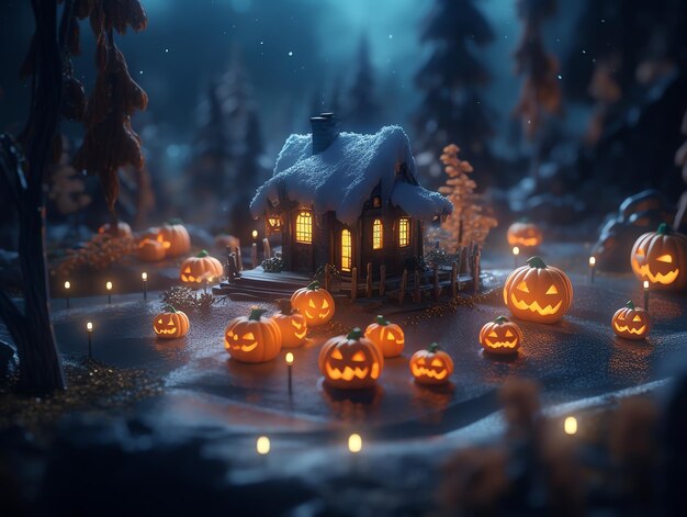 A house in a forest with pumpkins on the ground